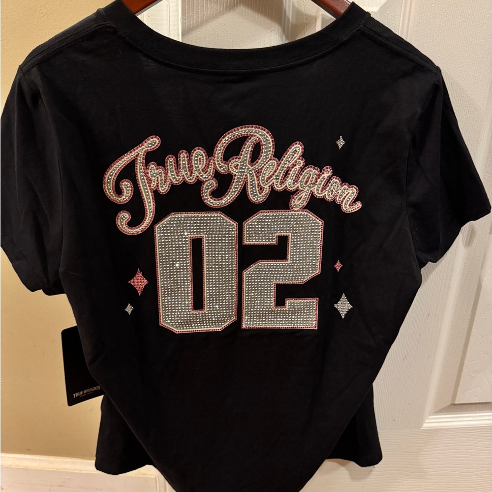 True Religion Black Tee with Crystal '02' and Pink Accents